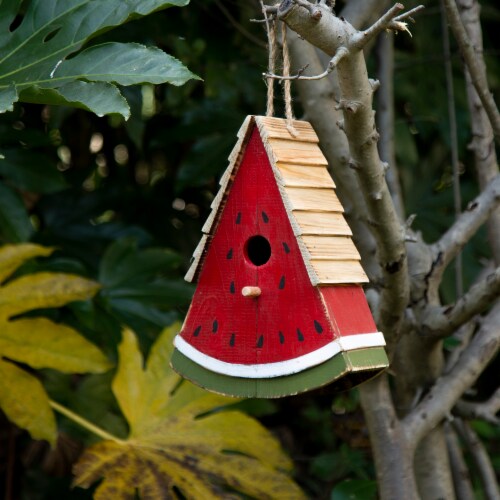 Glitzhome Hanging Wooden Watermelon Decorative Garden Birdhouse Perspective: right