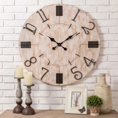 Glitzhome 31.7 Inches Large Engraved Numerals Battery Operated Clock, White Wooden Wall Clock Perspective: right