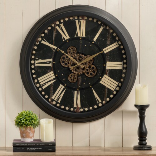 Glitzhome 27.50 Inch D Oversized Vintage Round Black Gear Clock With Tempered Glass Perspective: right