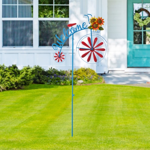 Glitzhome Metal Bicycle Wind Spinner Welcome Yard Stake - Red Perspective: right