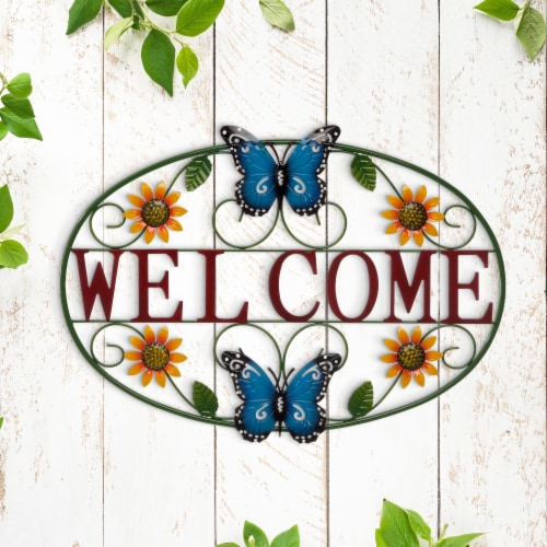 Glitzhome Metal Welcome Word Butterfly and Flowers Wall Decor Perspective: right