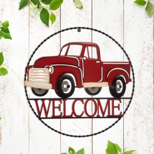 Glitzhome Rustic Metal Truck with Welcome Word Wall Decoration - Red Perspective: right