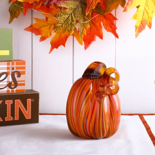 Glitzhome 5.5 Inch Tall Multi Striped Glass Pumpkin Perspective: right