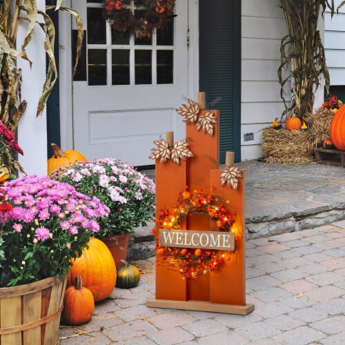 Glitzhome 30 Inch Tall Fall Lighted Wooden Pumpkin Decor with Wreath Perspective: right