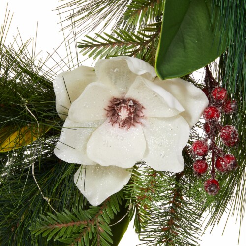 Glitzhome Iced Magnolia Berry Pine Wreath With Lights Perspective: right