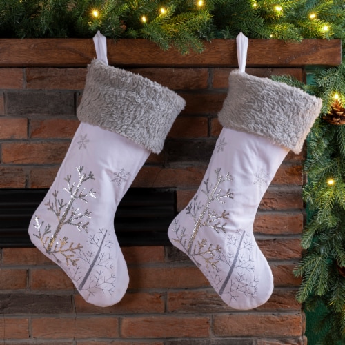 Glitzhome Two Pack 21 Inch Length White Fleece with Christmas Tree and Snowflake Stocking Perspective: right