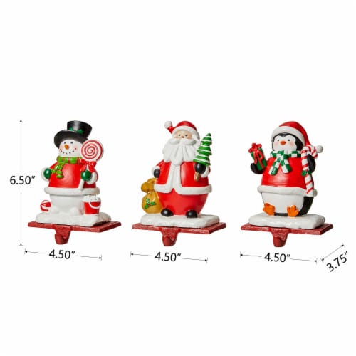 Glitzhome 6.5 Inch Tall Set of Three Resin Santa, Snowman, Penguin Stocking Holder Perspective: right