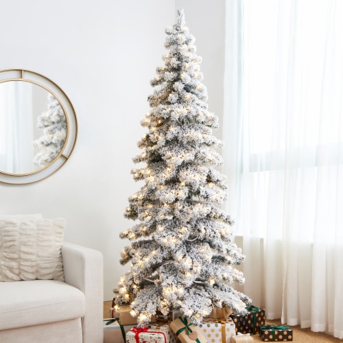 Glitzhome 7.5 Feet Flocked Layered Spruce Faux Christmas Tree with 350 Warm White Lights Perspective: right