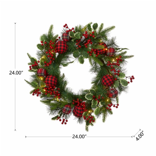 Glitzhome 24 Inch Diameter Ornament Berry Holly Pine Wreath With Lights Perspective: right