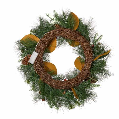 Glitzhome 24 Inch Diameter Berry Magnolia Leaf Pinecone Wreath With Lights Perspective: right