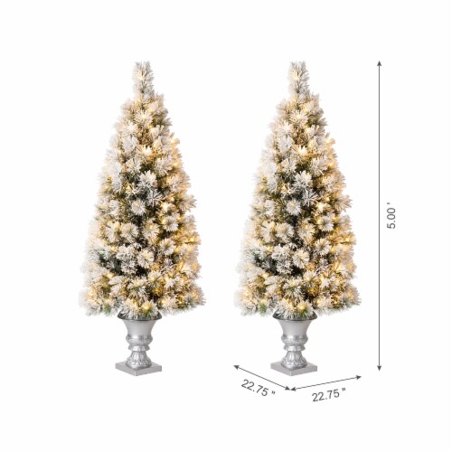 Glitzhome Two Pack 5 Feet Flocked Pine Faux Christmas Porch Tree with 150 Warm White Lights Perspective: right