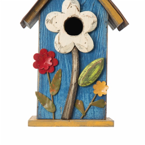 Glitzhome Decorative Wooden Birdhouse Rustic Hand-Painted Garden Decoration, Blue Perspective: right