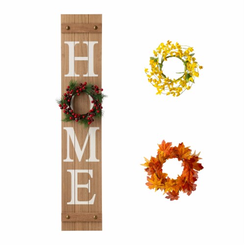 Glitzhome 8 Inch x 42 Inch Tall Wooden Home Porch Sign with 3 Changeable Wreaths - Natural Perspective: right