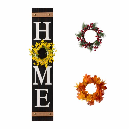 Glitzhome 8 Inch x 42 Inch Tall Wooden Home Porch Sign with 3 Changeable Wreaths - Black Perspective: right