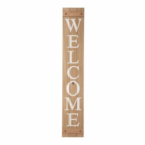 Glitzhome 60 Inch Wooden Welcome Porch Sign with 4 Changeable Wreaths - Natural Wood Perspective: right