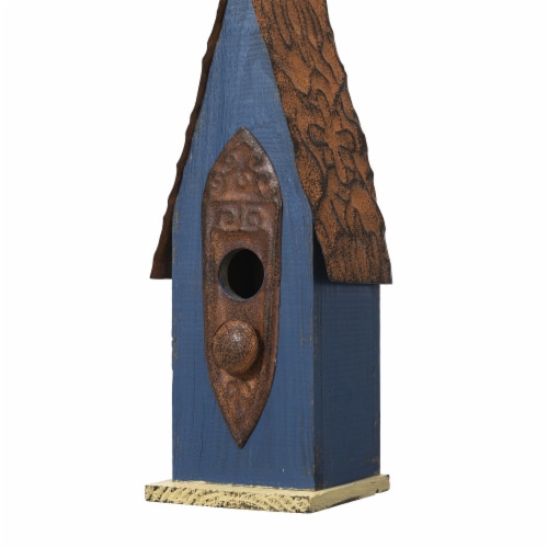 Glitzhome 13.25 Inch Tall Retro Blue Distressed Solid Wood Birdhouse Perspective: right
