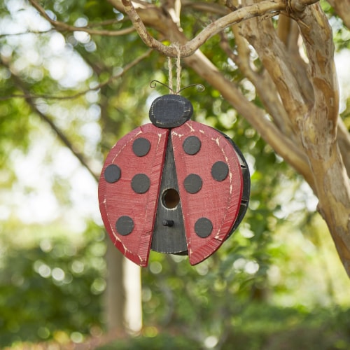 Glitzhome 11.5 H Distressed Solid Wood Ladybug Birdhouse Perspective: right