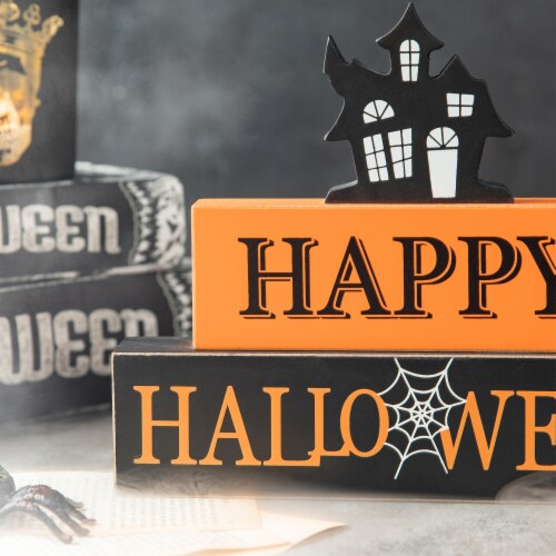 Glitzhome 9.5 Inch Length Happy Halloween Wooden Haunted House Block Sign Perspective: right