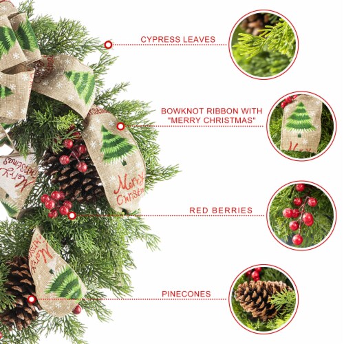 Glitzhome 24 Inch Diameter Cypress Leaves Pinecone With Bowknot Ribbon Wreath Perspective: right