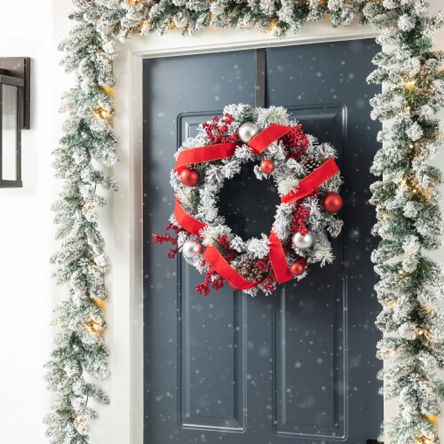 Glitzhome 24 Inch Diameter Flocked Berry, Pinecone Ribbon Wreath Perspective: right