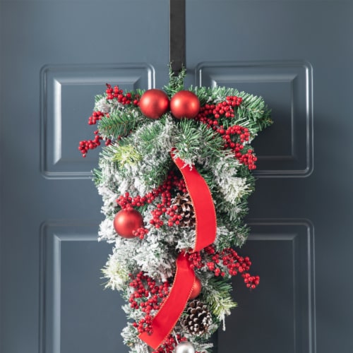 Glitzhome 25 Inch Tall Flocked Berry, Ornament and Pinecone Ribbon Teardrop Perspective: right
