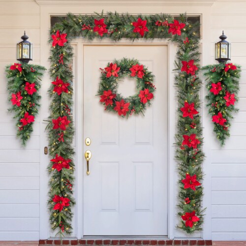 Glitzhome 3 Feet Pine Poinsettia and Berries Christmas