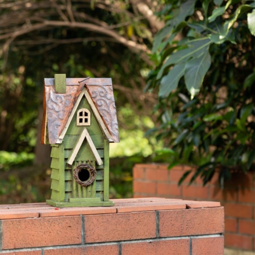 Glitzhome Distressed Solid Wood & Metal Birdhouse Perspective: right