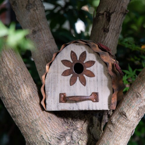 Glitzhome 7.09 L Semicircle Wooden Garden Bird House, Distressed Textured Perspective: right