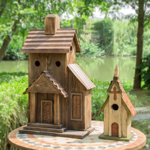 Glitzhome Extra-Large Rustic Natural Wood & Metal Birdhouse Perspective: right