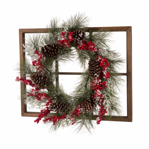 Glitzhome Flocked Pinecone & Berry Wreath Wooden Window Frame Perspective: right