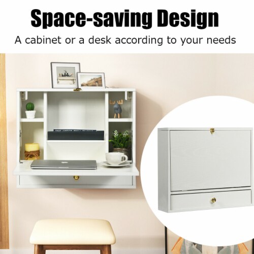 Gymax White Wall Mounted Folding Laptop Desk Hideaway Organizer
