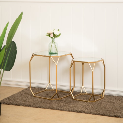 Glitzhome Nesting End Tables, Gold Glass Top Metal Frame for Indoor & Outdoor Perspective: right