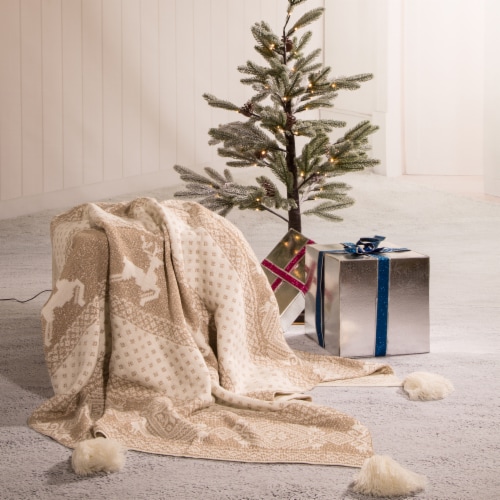 Glitzhome Knitted Beige Gold Lurex Throw Blanket with Tassels Perspective: right