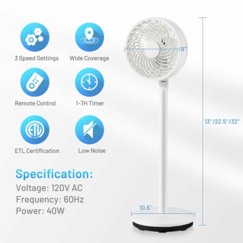 9 Inch Portable Oscillating Pedestal Floor Fan with Adjustable Heights and Speeds Perspective: right