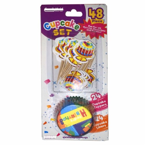 96 Pc Happy Birthday Cupcake Liners Toppers Wrapper Baking Cups Party Decoration Perspective: right