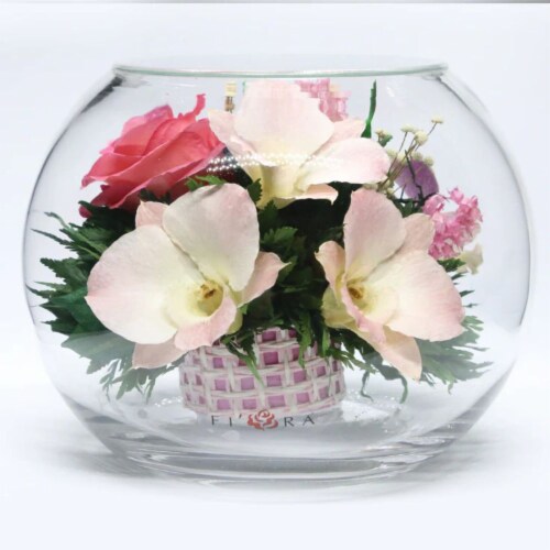 Fiora Flower Long-Lasting Pink Roses and Orchids with Greenery in a Round Glass Vase Perspective: right