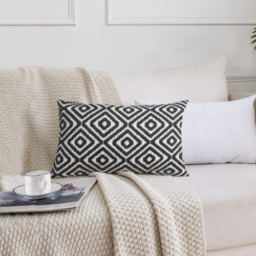 12 x 20 Rectangular Jacquard Cotton Accent Lumbar Pillow, Diamond Pattern, Black, White- Perspective: right