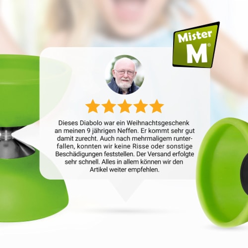 Diabolo Green ✓ Set Sticks & String ✓ Extra String ✓ Online Video by  Mister M Perspective: right