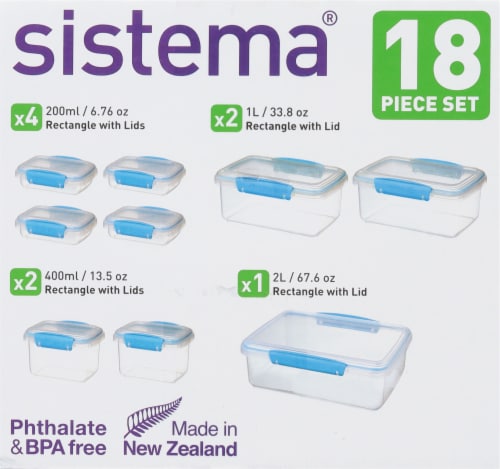 Sistema 18-Piece Food Storage Containers with Lids for Lunch, Meal Prep,  and Leftovers, Dishwasher Safe, Clear/Blue