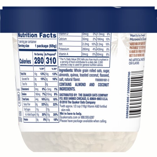 Quaker Toasted Coconut & Almond Overnight Oats Cups 12 Count Perspective: right