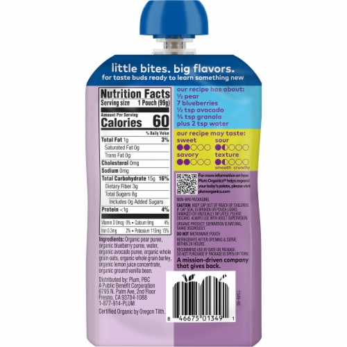 Plum® Organics Pear Blueberry Avocado & Granola Organic Stage 2 Baby Food Pouches Perspective: right