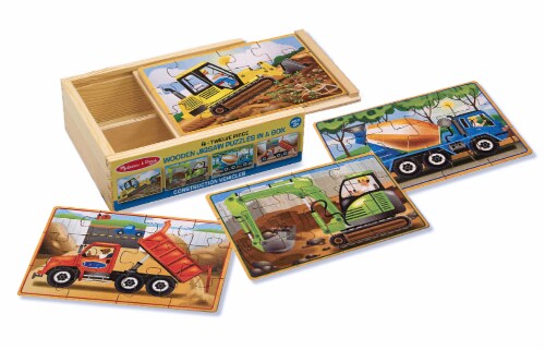 Melissa & Doug Wooden Construction Vehicles Jigsaw Puzzles in a Box Perspective: top