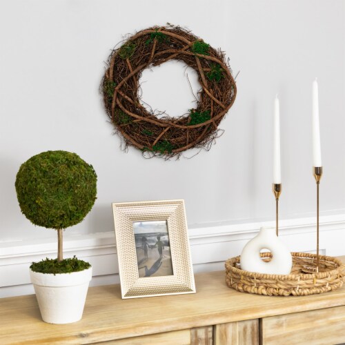 Northlight 13 Green and Brown Moss and Twig Artificial Spring Wreath - Unlit Perspective: top
