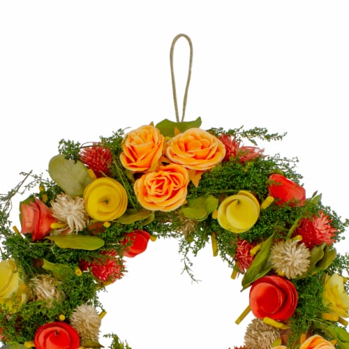 Northlight Shaved Wood Flowers with Moss and Twigs Spring Wreath - 12 Perspective: top