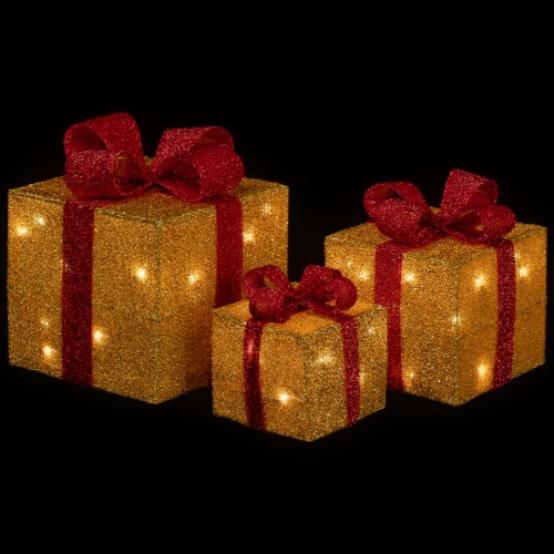 Northlight Set of 3 Gold and Red Gift Boxes with Bows Lighted Christmas Outdoor Decorations Perspective: top