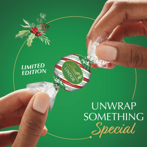 Lindt LINDOR Limited Edition Peppermint Cookie Milk Chocolate Christmas Candy Truffles Bag Perspective: top