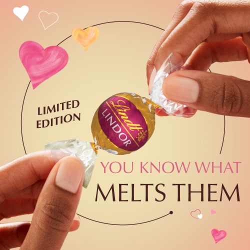 Lindt LINDOR Valentine's Day Raspberry Cheesecake White Chocolate Candy Truffles Bag Perspective: top