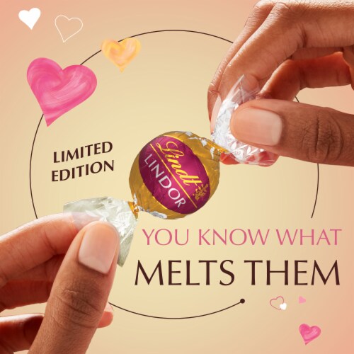 Lindt LINDOR Valentine's Day Raspberry Cheesecake White Chocolate Candy Truffles Bag Perspective: top