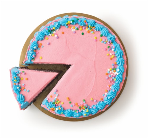 Bakery Fresh Double Layer Chocolate Cake with Pink and Blue Icing Perspective: top