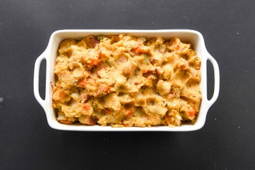 Home Chef Side Dish Cornbread Dressing with Roasted Vegetables Perspective: top